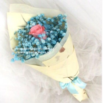 HB05027-SW-1 Pk Rose w/Blue BB Hand Bouquet