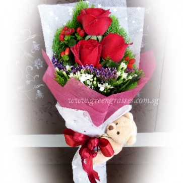 HB06032-LSW-3 Red Rose+Bear