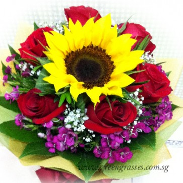 HB07633-LGRW-6 Red Rose+1 Sunflower 