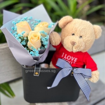 HB10523 BOQ-3 Champagne Roses w/9" Bear in Leather Bag