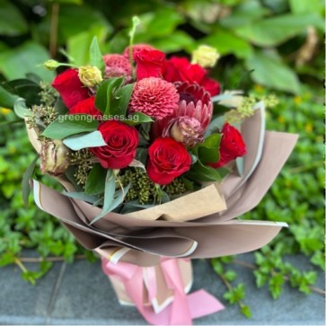 HB13533 BOQ Red Roses with Banksia & Ping Pong