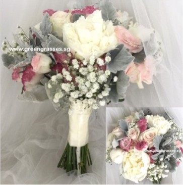 WB16511 ROM-Wh Peony+Roses-Wedding Bouquet