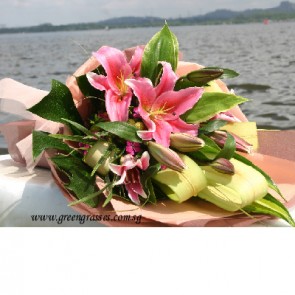 HB120534-BOQ-Pk Lily hand bouquet