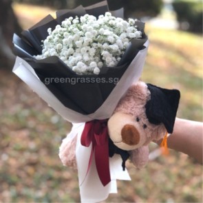 GRHB060123 BOQ-Wh Baby's Breath tie w/6" Graduate Bear