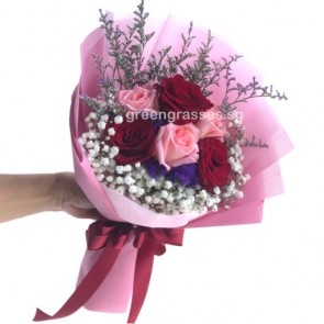 HB06518-GLSW-6 Rose(Pk+Red) hand bouquet