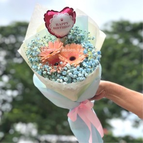 HB06544-KW-3 Pk Gerbera w/Blue BB+Birthday Balloon