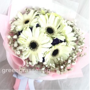 HB06580-LLGRW-6 Wh Gerbera hand bouquet