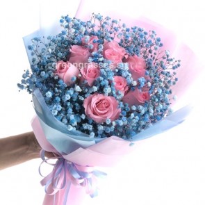 HB09050 BOQ-10 Pk Rose w/Blue BB Hand Bouquet
