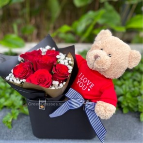 HB11026 BOQ-6 Red Roses w/9" Bear in Leather Bag