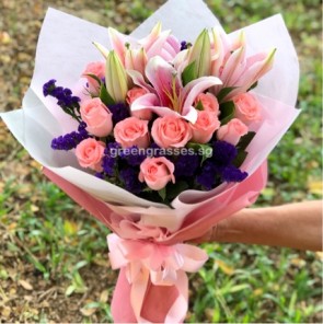 HB11028-ORW-Pk Roses+Pk Lily hand bouquet